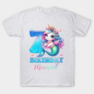 Unicorn Mermaid 7th Birthday 7 Year Old Party Girls B-day Gift For Girls Kids T-Shirt